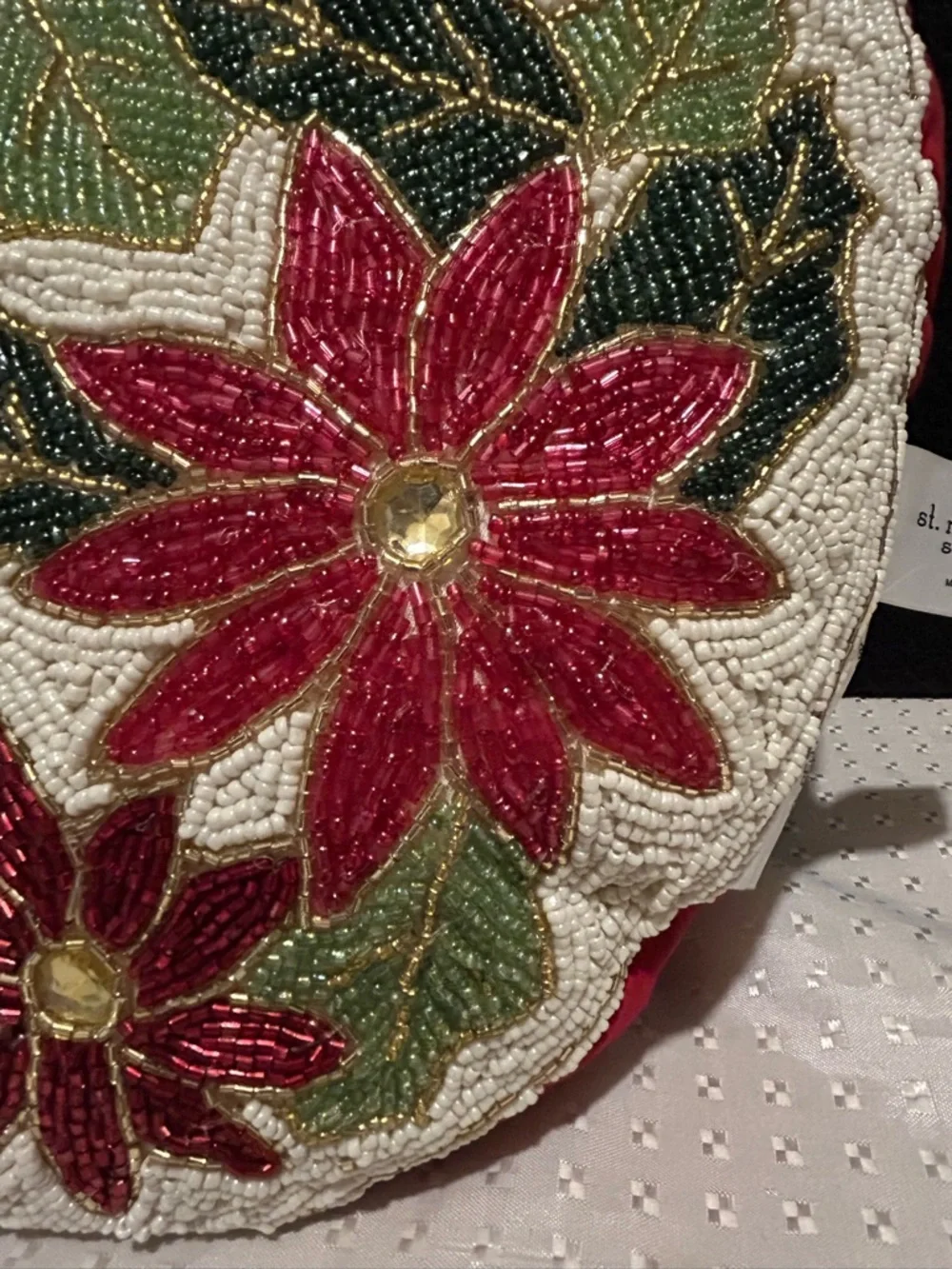 Fully Beaded Christmas Poinsettia Accent Pillow St Nicholas Square Decoration